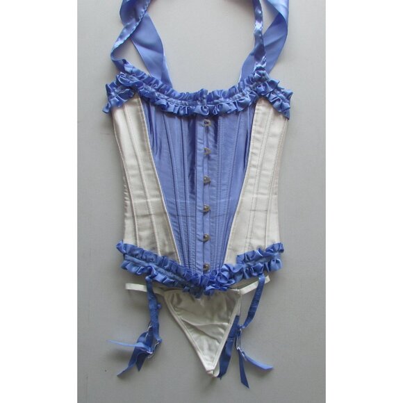 Blue Cream Ruffled Steel Boned Corset Set - NEW - Picture 2 of 13